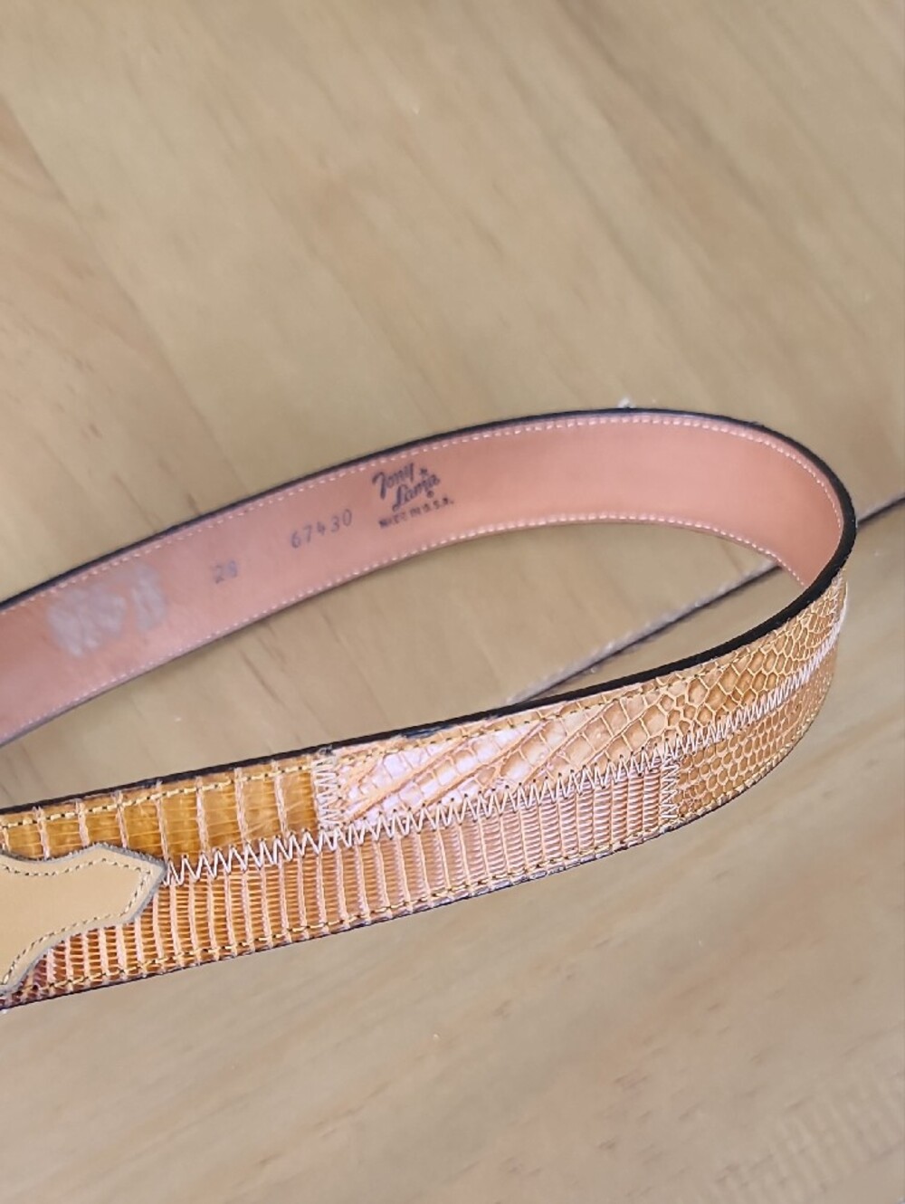 Vintage Tony Lama patchwork Stitched Lizard Skin Belt with Buckle 28